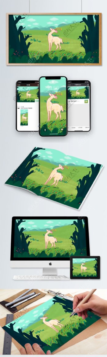 森林与鹿唯美插画