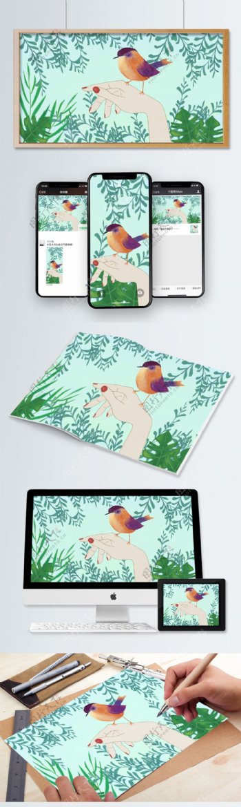 小清新手控知更鸟夏季植物早安配图插画海报