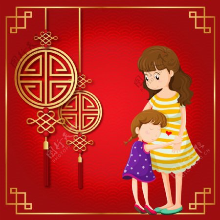 春节矢量手绘中国结妈妈幸福家庭女儿