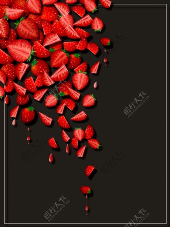 纯手绘原创红色草莓小清新水果食物黑色背景