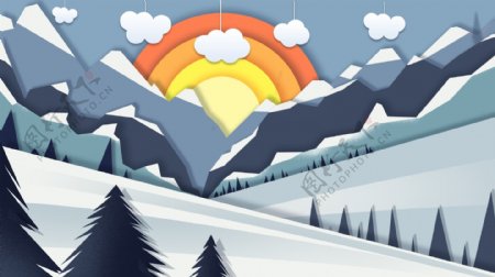 手绘彩色山峰雪景背景素材