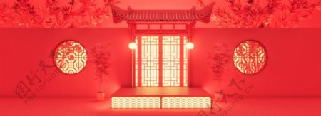 全原创新年喜庆中式院墙回家春节舞台背景
