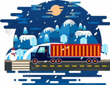 冬季简约扁平交通工具装货卡车矢量商用元素