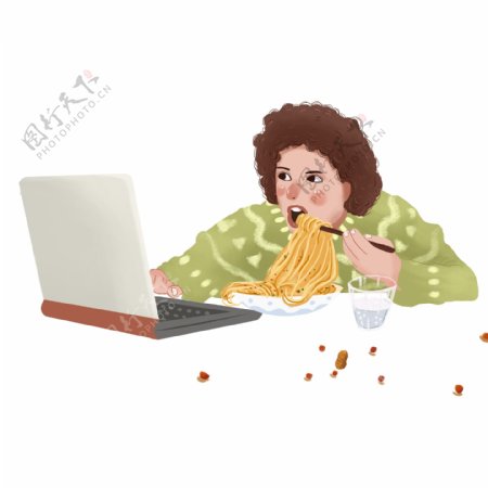 手绘在家吃面玩电脑的女孩