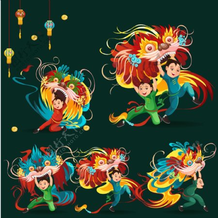 手绘春节中国传统农历新年舞狮