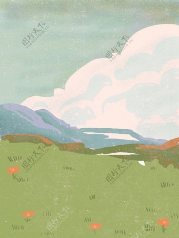 手绘春季草地远山背景设计