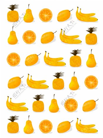 新鲜水果香蕉菠萝梨子橙子凤梨芒果食物背景