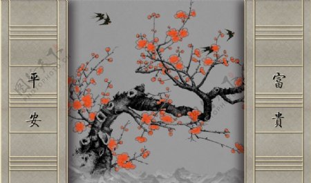 新中式手绘梅花背景墙