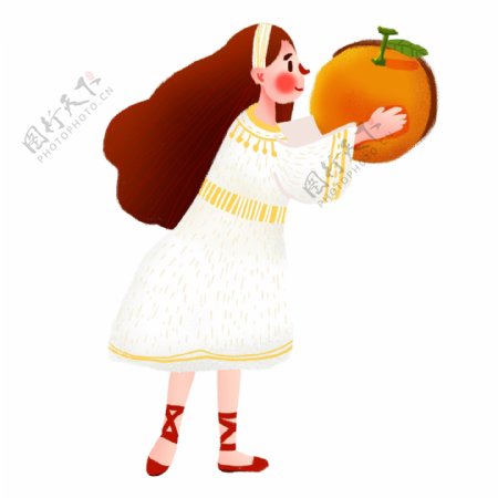 手绘拿着橘子的女孩插画人物