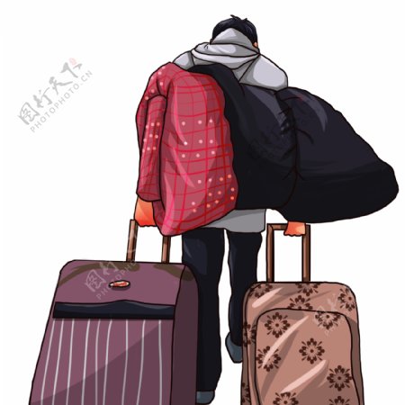 手绘拖着两个行李箱的男人背影设计