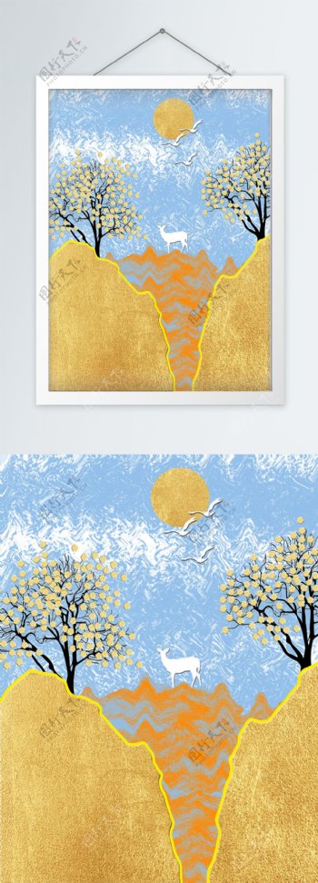 原创手绘水彩抽象黄金果树装饰画