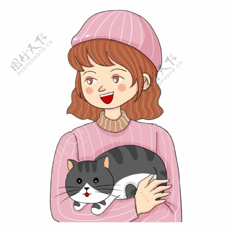 可爱抱猫的女孩免抠元素