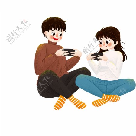 手绘一起玩游戏机的小情侣