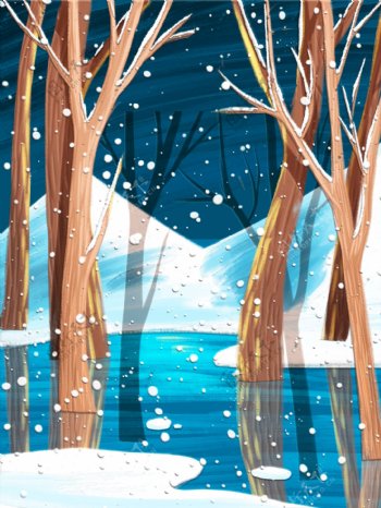 手绘冬季树林雪山风景背景设计