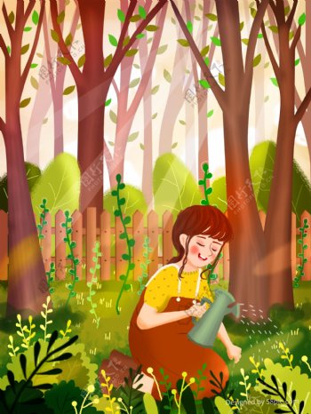 原创阳光树林里浇树女孩唯美植树节插画