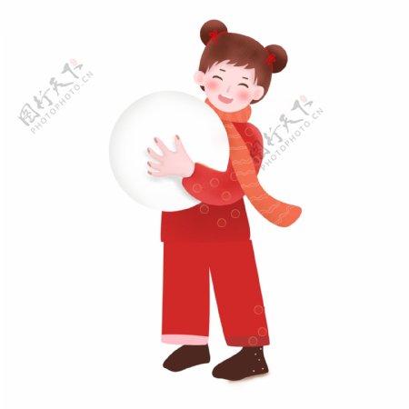 中国风抱雪球的女孩插画元素