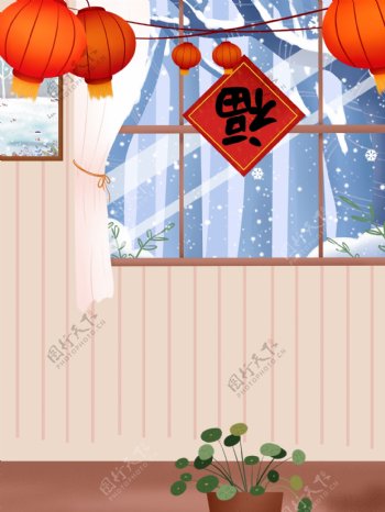 彩绘冬季家居福字灯笼盆栽背景设计