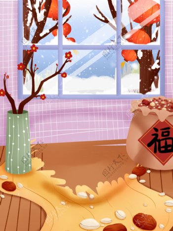中国风冬季雪景灯笼背景设计