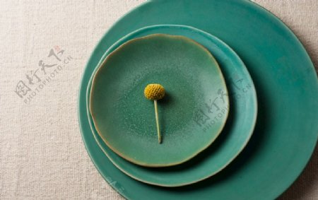 绿色盘子上的黄色小花