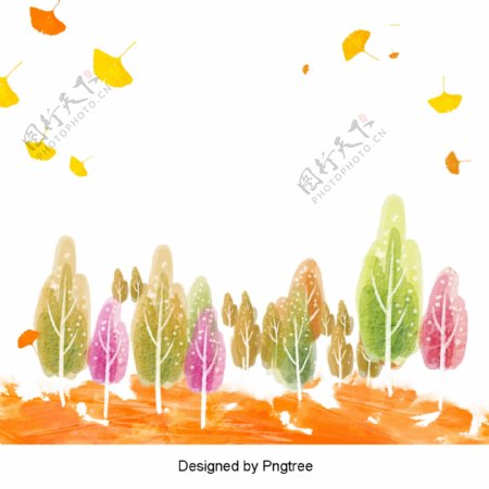 美丽的卡通可爱的手绘水彩画漂浮的秋叶树