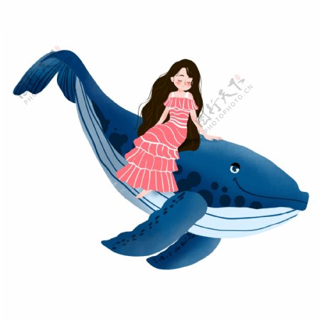 卡通简约女孩和鲸鱼装饰素材