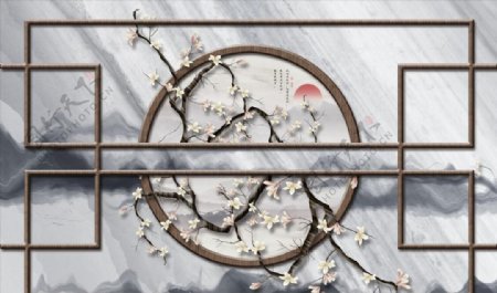 中式手绘工笔玉兰花鸟背景墙装饰