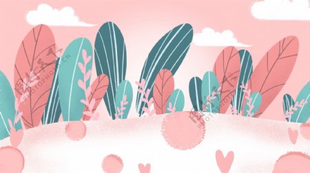 粉色清新风植物插画背景