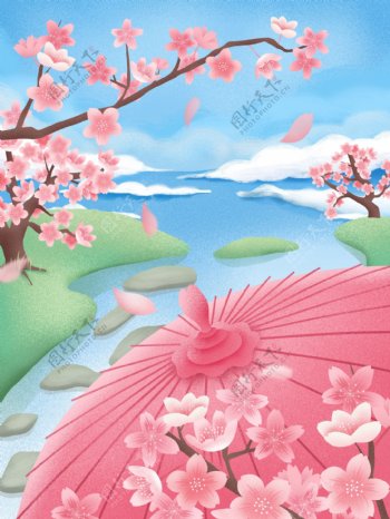 浪漫粉色樱花树插画背景