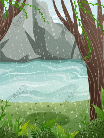 卡通手绘雨季河边风景背景