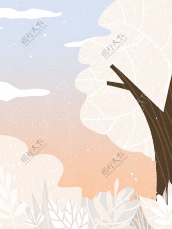 彩绘冬季大树花丛背景设计