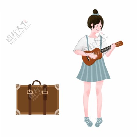 卡通小清新旅行弹吉他的少女