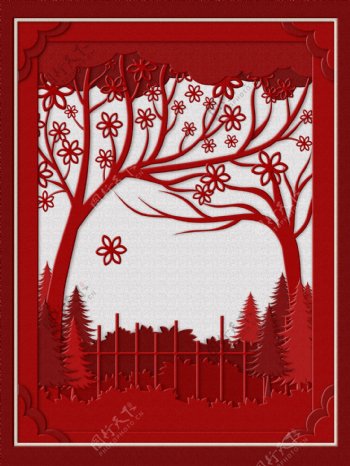 红色剪纸风树林背景设计