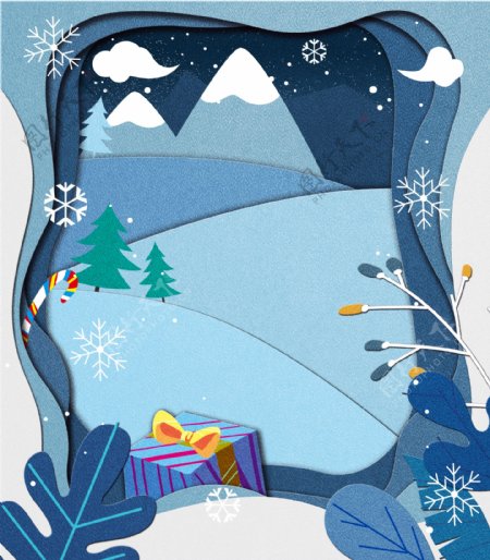 剪纸风蓝色雪地圣诞礼物背景设计