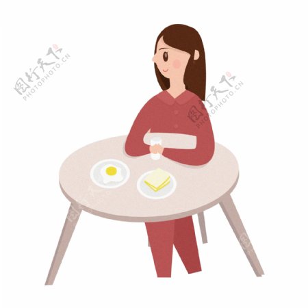 手绘卡通吃早餐的女孩png元素