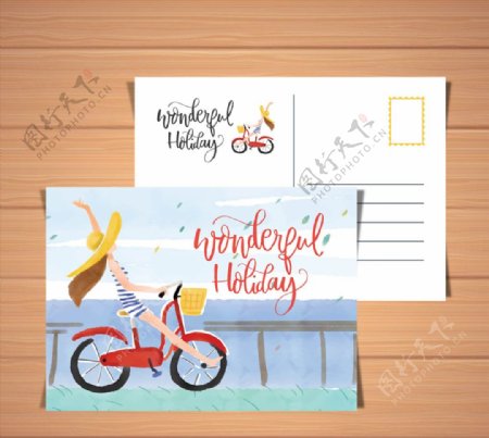 骑单车女子明信片