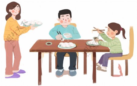 冬至卡通插画全家吃饺子