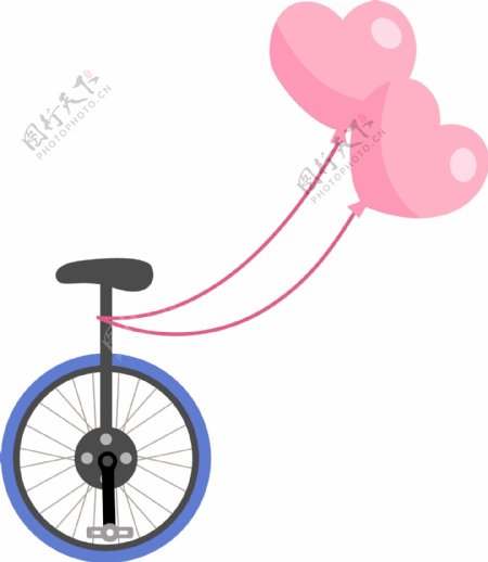 挂着爱心气球的独轮自行车