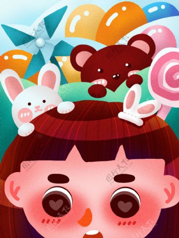 儿童节少女可爱肌理噪点熊兔子气球风车糖果