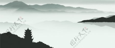 中国风中式剪影水墨山水建筑古典海报