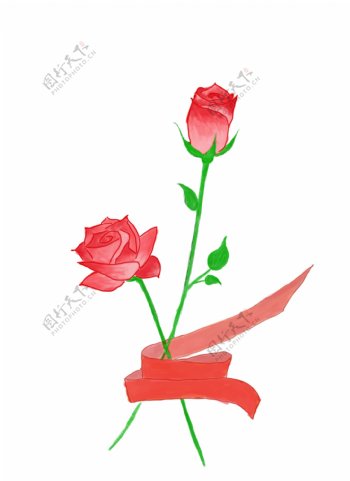 手绘红色玫瑰花红色彩带元素