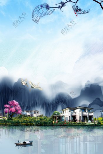 中国风房地产海报背景合成