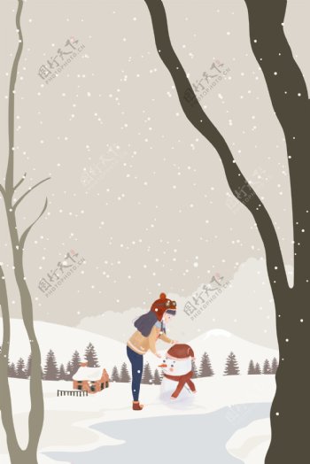 二十四节气之冬至堆雪人的女孩插画海报