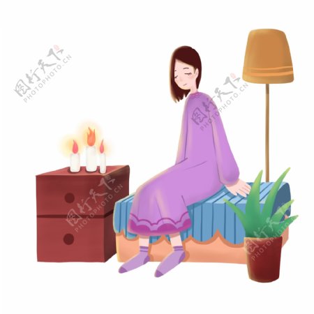 穿着紫色睡衣的女孩插画