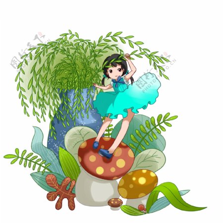 清明节站在蘑菇上的女孩插画