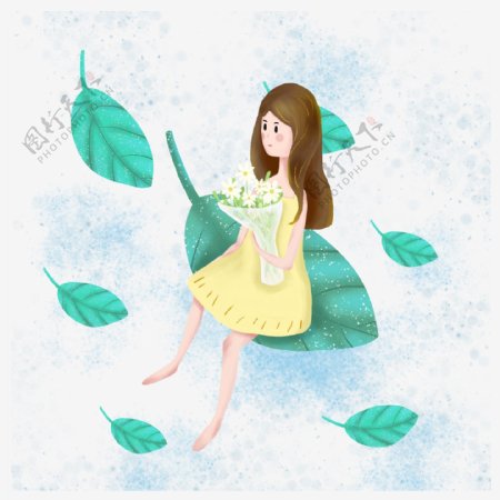 简约坐在树叶上的女孩插画海报免抠元素