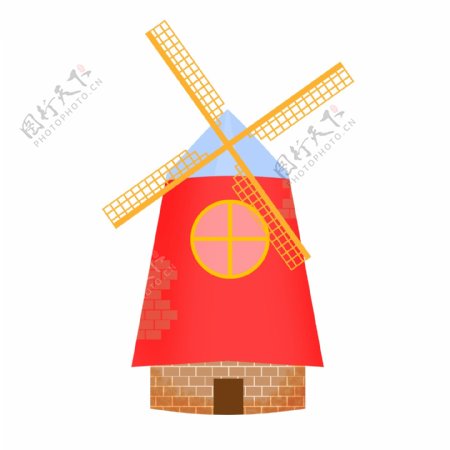 田园风车红色手绘卡通欧洲建筑广告素材