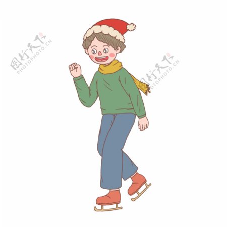 圣诞节卡通手绘男孩滑冰