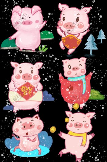 猪年红色手绘插画卡通猪宝宝金猪报福PNG