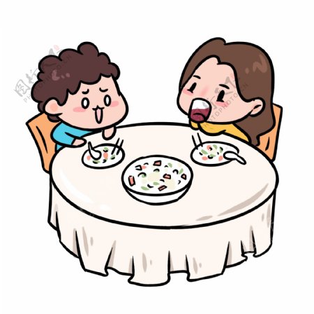 小朋友一起吃饭聊天卡通手绘插画