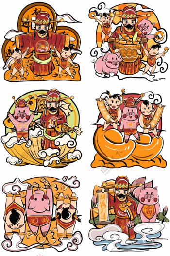 新年财神童子猪年发财卡通手绘